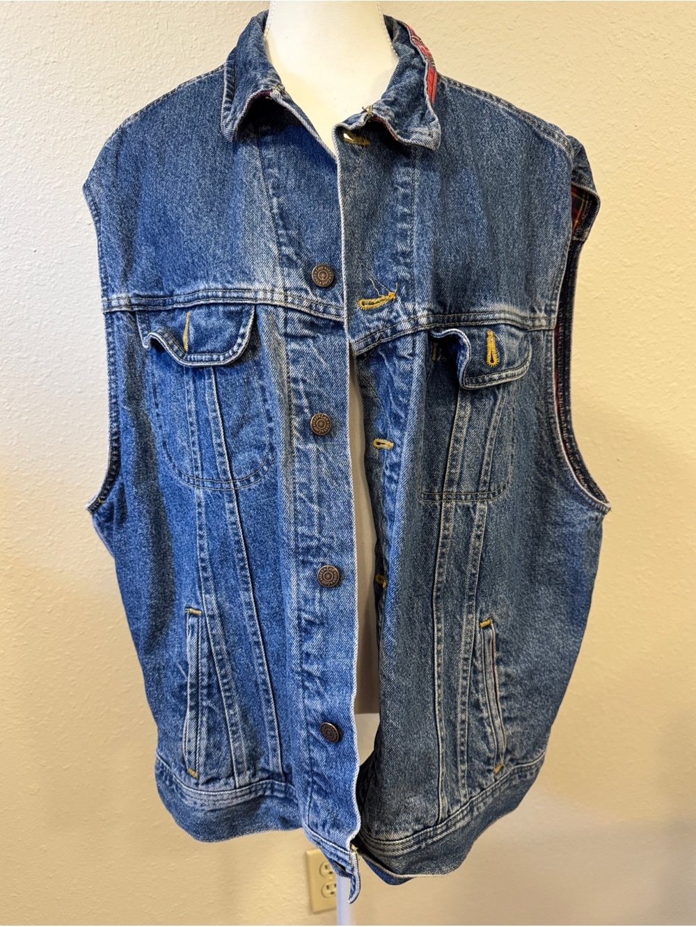 Vtg Lee Plaid Flannel Lined Denim Vest XL Trucker Gorpcore Workwear